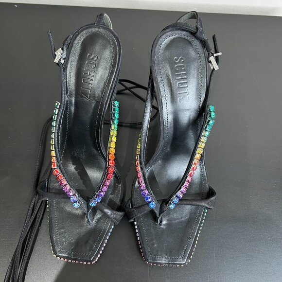 Schutz Vikki Rainbow Crystal Sandal Nubuck Leather Straps Black Size 8.5 - Picture 7 of 14
